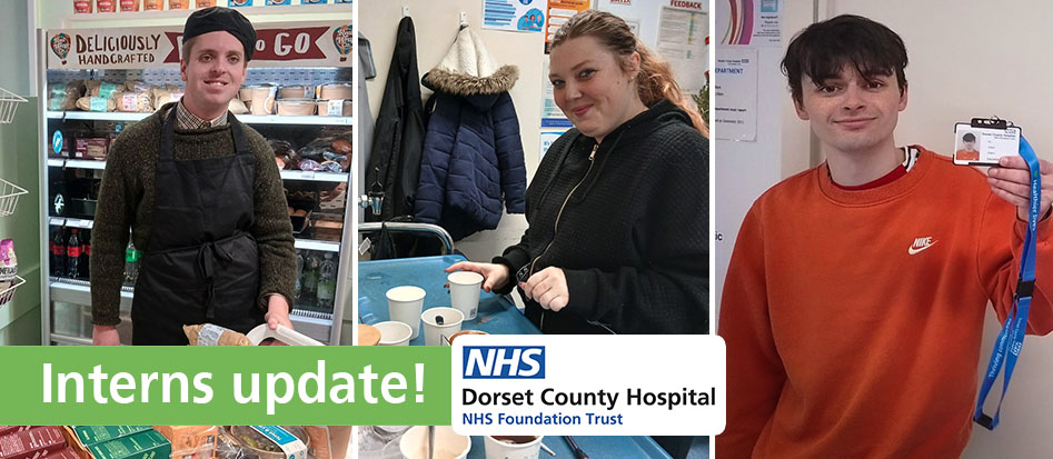 An EMA Supported Internship Interns Update Banner from January 2026 featuring three seperate photos of students working at Dorset County Hospital.